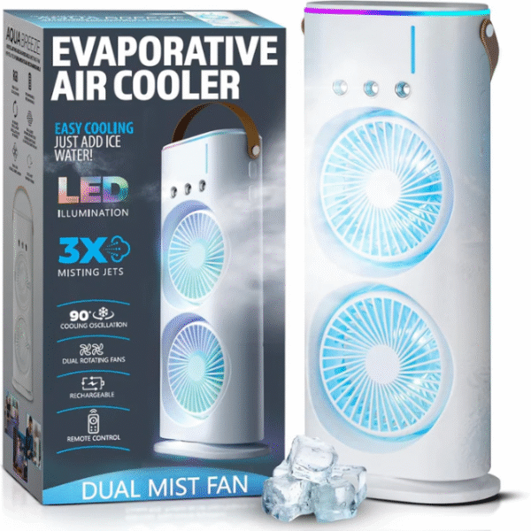 Double Ended Spray Cooler | 2025 USB Rechargeable Mini Air Cooler Fan with LED Light & Remote | 3-Speed Quiet Mist Fan for Home & Office | Portable Mini AC